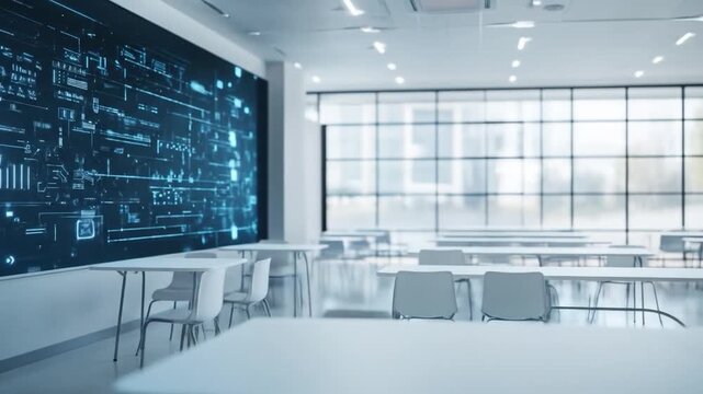 Modern classroom; blue digital display, white tables and chairs, bright