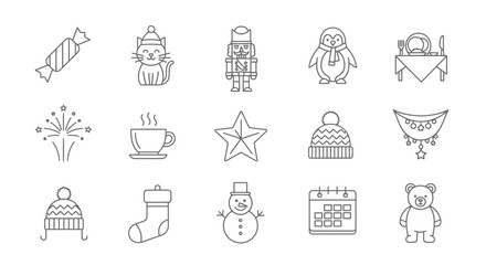 Festive Line Icons for Holiday Celebrations and Winter Season