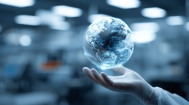 A gloved hand holding a holographic Earth. Symbolizes technology, science, or the future. Ideal for global innovation, research, or environmental themes. - Powered by Adobe