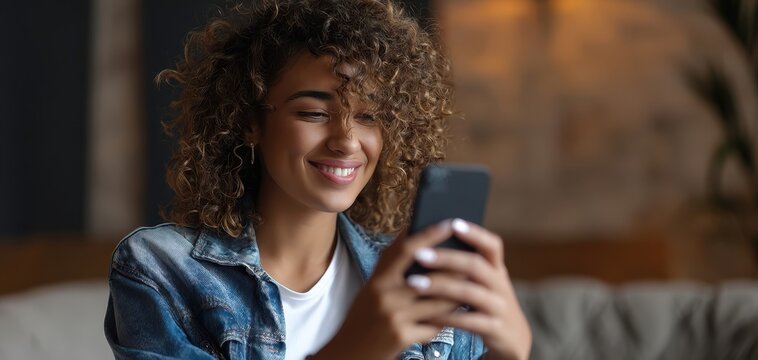 The Woman Smiling at Her Smartphone While Relaxing on a Couch in the Evening