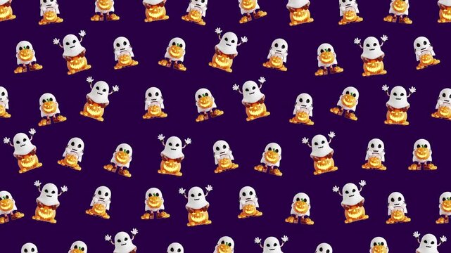 4K Cute 3D Halloween Ghosts and Pumpkins Pattern Seamless Loop Animation