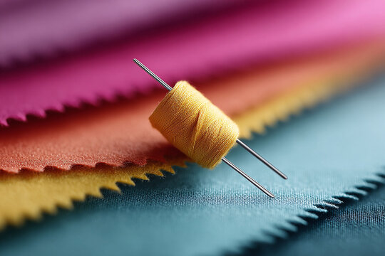 Colorful fabric swatches with a spool of thread and needle. Ideal for concepts like textiles, design, crafts, creativity, fashion, and sewing projects.