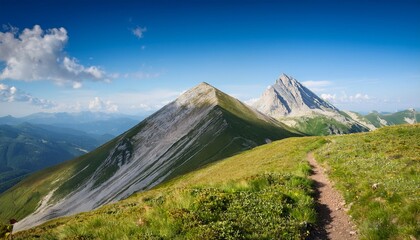 Fototapeta premium Distant Vrah Vihren Peak As Seen During Summer Hike On A Distant Slope In Perfect Weather