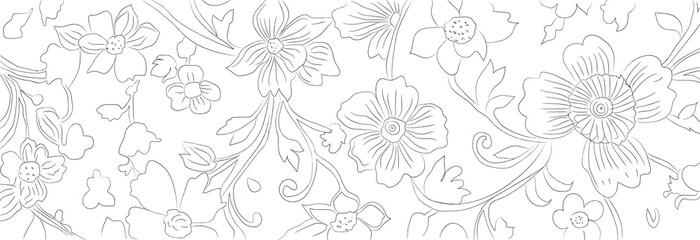 Elegant seamless floral line art pattern on white background – decorative botanical outline wallpaper design vector