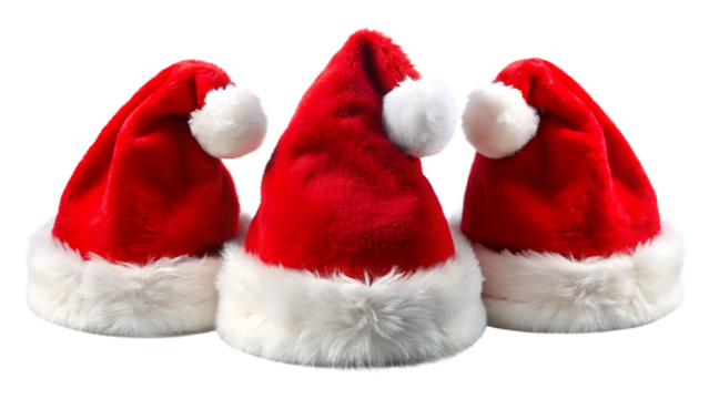 Set of Christmas Santa hat in vibrant red with fluffy white edge and pom-pom Isolated on a White Background ,PNG. AI Generated.