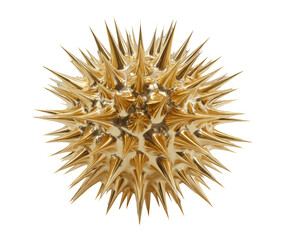 Gold sphere covered with sharp spikes on a black background, highly reflective and geometric