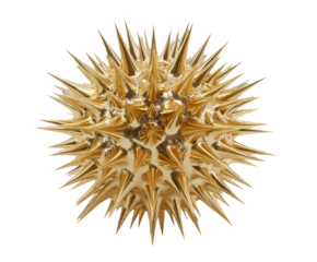 Gold sphere covered with sharp spikes on a black background, highly reflective and geometric