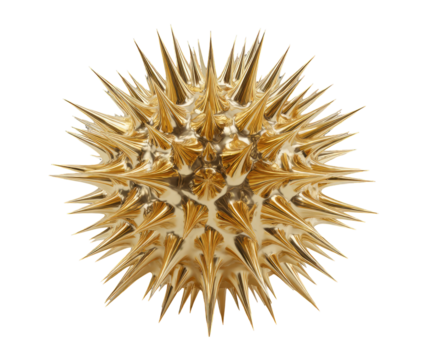 Gold sphere covered with sharp spikes on a black background, highly reflective and geometric