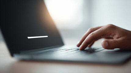 Closeup of a hand typing on a laptop keyboard. Progress bar on the screen. Technology concept, work, and digital lifestyle. Can illustrate slow process or connectivity.