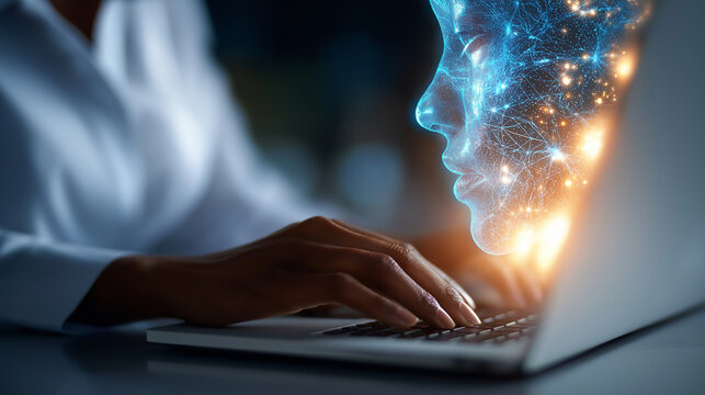 Deepfake detection and AI technology concept, businessman using laptop and digital facial recognition interface for cybersecurity and identity verification, under soft digital ligh