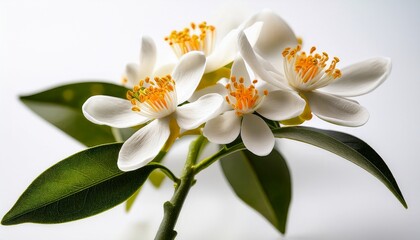 Obraz premium Close Up Of Exquisite Navel Orange Tree Blossoms Exhibiting Delicate White Petals And Vibrant Yellow Stamens Against A Pristine White Backdrop