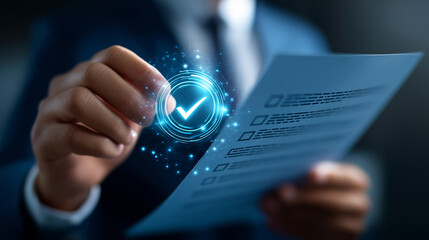 Businessman showing online document validation icon, quality assessment management with a checklist, business document evaluation process, market data report analysis and consultin