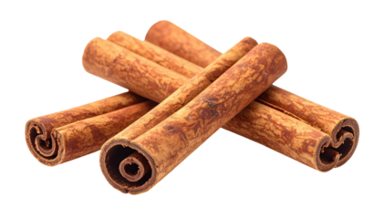 Close-up of curled cinnamon sticks with tan textures on a transparent black background