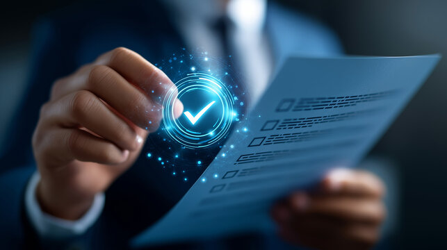 Businessman showing online document validation icon, quality assessment management with a checklist, business document evaluation process, market data report analysis and consultin