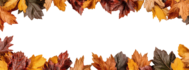 A frame of colorful autumn leaves against a black background creates a blank canvas