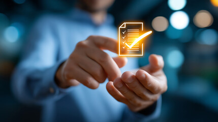 Businessman showing online document validation icon, quality assessment management with a checklist, business document evaluation process, market data report analysis and consultin
