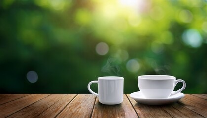Fototapeta premium Coffee Cup And Mug On Floor With Green Blur Nature Background