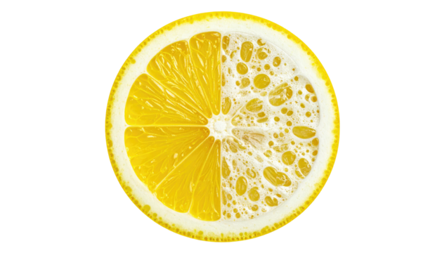 Bright yellow lemon slice, top-down view, half juicy fruit and half foamy drink, isolated against a black background