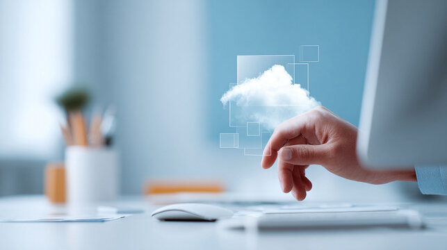 Hand interacting with a digital cloud interface on a desk. Represents innovation, technology, cloud computing, and data solutions for modern business needs.