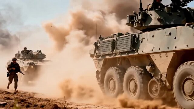 Armored Personnel Carriers Advancing Through Smoke on Battlefield