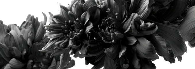 Monochrome closeup of densely layered floral petals arranged linearly on a black background, dramatic shadows