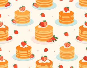 Seamless pattern of pancakes with strawberries and syrup