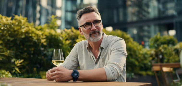 The man enjoying a glass of white wine on a sunny urban patio
