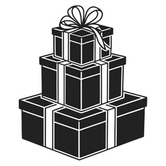 A stack of three black and white gift boxes tied with a ribbon and bow perfect for celebrations