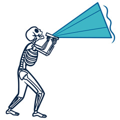 A stylized skeleton holding a device that projects a blue cone of light or energy into the distance