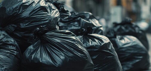 The Garbage Bags Piled on an Urban Street in Dim Evening Light