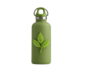 Green reusable water bottle with a leaf emblem, isolated on transparent background, symbolizing ecofriendliness and sustainable hydration for a healthy lifestyle and environmental awareness