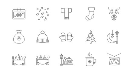 Winter Season Icon Set Calendar, Scarf, Stocking, Christmas Tree and More