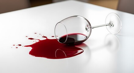 Spilled red wine from a tipped-over glass on a white surface, creating a dark stain.
