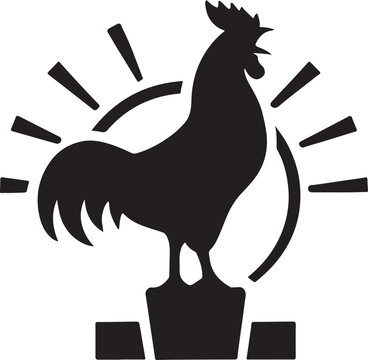 Rooster silhouette crowing on fence post, sunrise-inspired bold farm animal vector design.