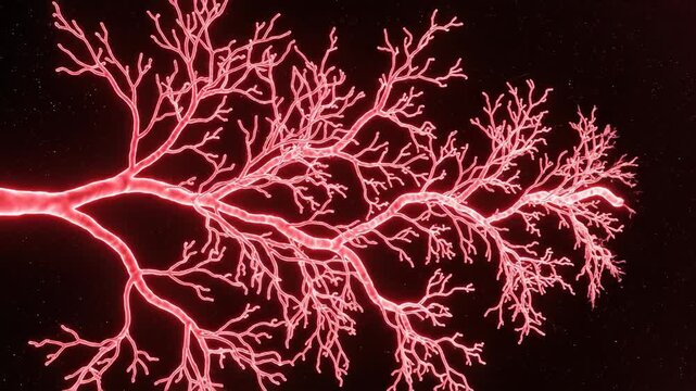 Abstract generative-art animation of angiogenesis, showing a single red line elegantly branching into a complex, life-like network.