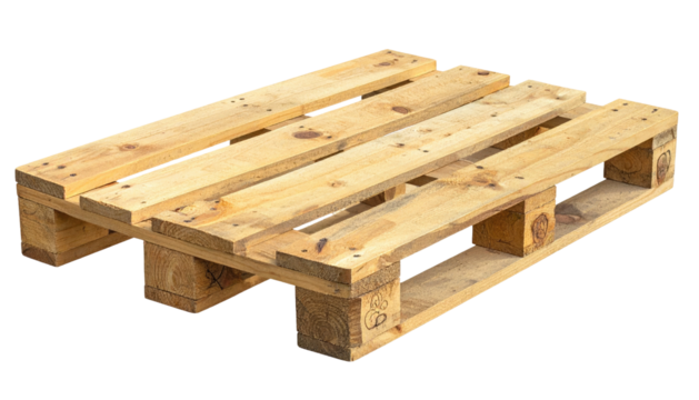 Wooden pallet, stacked with slats and block supports, resting against a black backdrop, showcasing the wood's grain