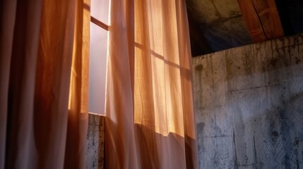 Warm Light Streaming Through Sheer Curtains in Rustic Interior Space with Concrete Wall and Wooden Beam Ceiling