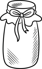 Vector illustration of decorative jar with cloth cover and ribbon bow for homemade goods, craft packaging, and kitchen design content