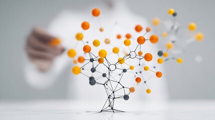Over shoulder view of a scientist examining a molecular model on a lab table innovation research and development concept healthcare technology no face