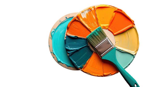 Vibrant paint palette swirls bright hues and rests beside a turquoise-filled container with a brush across