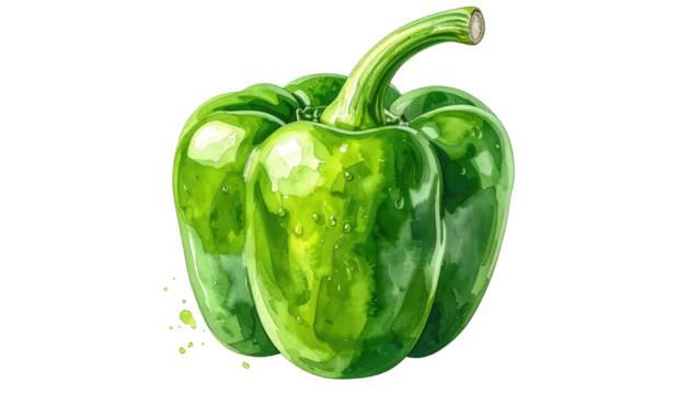 Lush, watercolor-style green bell pepper with a glossy surface. Detailed textures create a fresh, vivid look