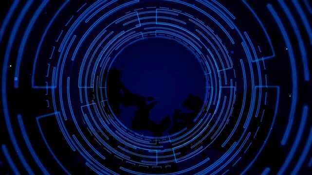 Futuristic Circular Patterns Surrounding Silhouetted Terrain at Night