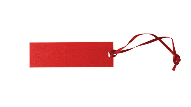 Blank dark red paper label , tag with ribbon isolated on white background with copy space.
