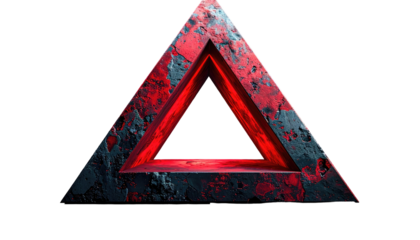 Illuminated, textured stone triangle with a central glowing red frame against a plain black background