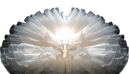 Abstract, layered, translucent white fabric with radiating light. Soft, ethereal, and flowing