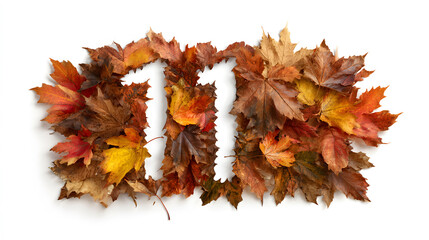 The number "11" creatively formed out of a  autumn Maple Leaves, textured representation of the digits against a isolated white background.