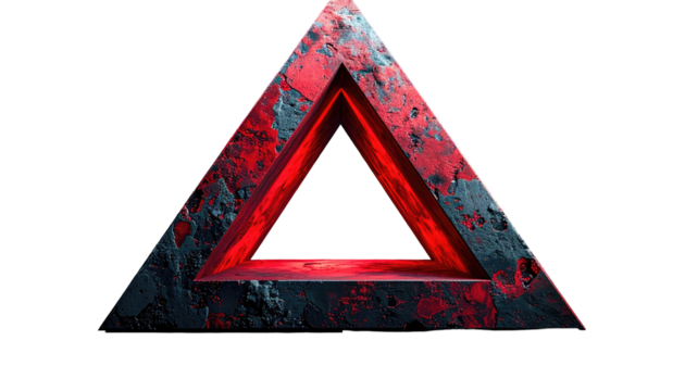 Illuminated, textured stone triangle with a central glowing red frame against a plain black background