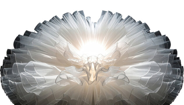 Abstract, layered, translucent white fabric with radiating light. Soft, ethereal, and flowing