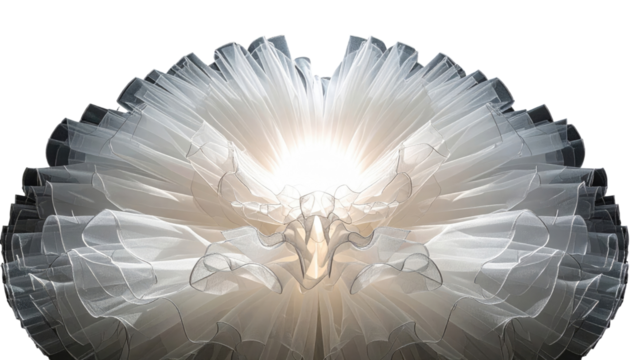 Abstract, layered, translucent white fabric with radiating light. Soft, ethereal, and flowing