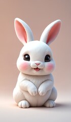 Obraz premium A cute, white cartoon bunny with large expressive eyes and pink inner ears sits adorably on its hind legs, smiling sweetly against a soft gray background.
